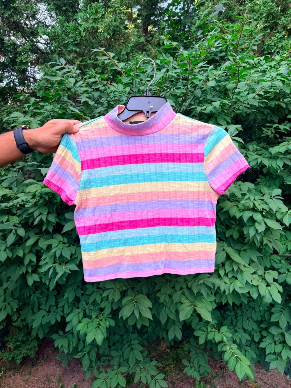 Women’s Rainbow Striped Short Sleeve Crop Top - Pastel Multicolor